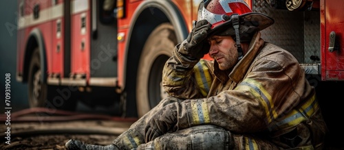 Photo of exhausted firefighter resting by fire truck. photo