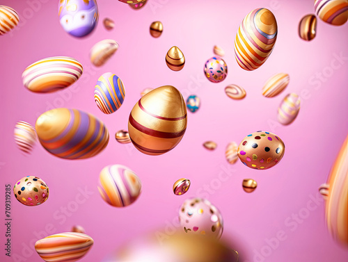 Golden and pink Easter eggs in motion, on a pink background