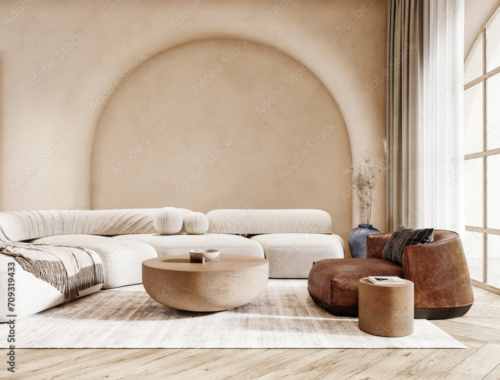 Fototapeta premium Modern white beige interior design of living room with empty wall background. 3D Rendering, 3D Illustration