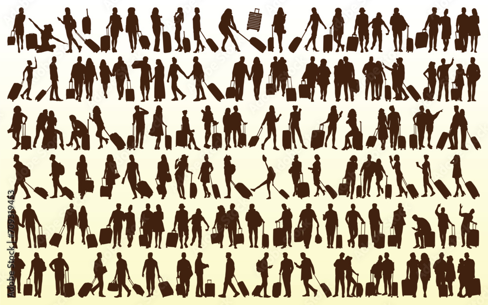 People Traveling With Suitcase Silhouettes vector People Traveling With Suitcase Silhouettes vector