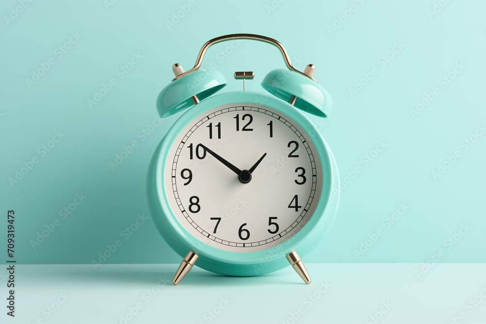 A large turquoise alarm clock is on the tabletop. A large turquoise alarm clock is on the tabletop.