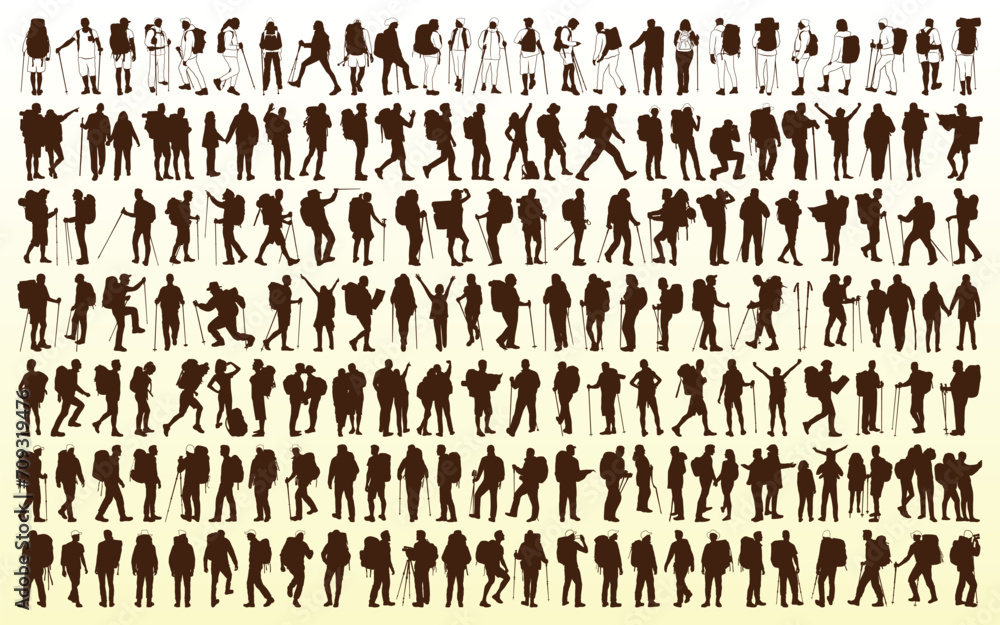 Male and female hiker or Hiking in mountains silhouettes vector - obrazy, fototapety, plakaty 