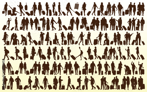 People Traveling With Suitcase Silhouettes vector