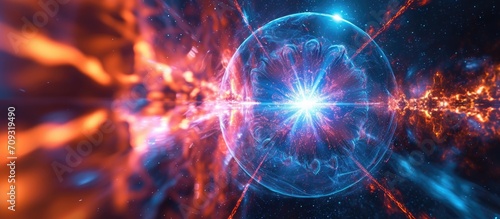 Radiation-emitting rays from high-energy particles. Concept of nuclear fusion. photo
