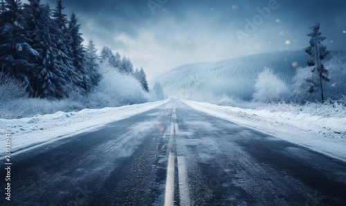 highway in bad weather, frozen, snowy and slippery road illustrates the dangers of traffic in difficult weather conditions © Jam