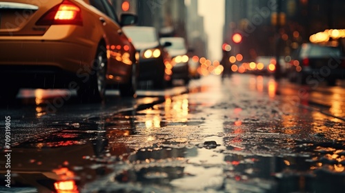 blurred background of an evening rain-wet street with driving cars, evening lights and puddles © Jam