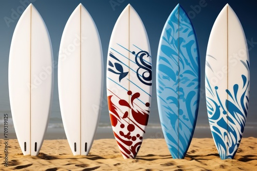 Surfboards on the beach at sunset. Surfboards with abstract pattern. Surfboards on the beach. Vacation Concept. Panoramic banner. 