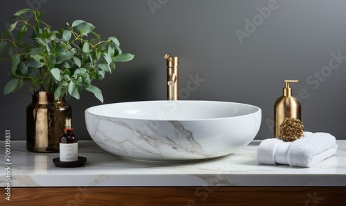 Stylish round white marble sink and chrome faucet. Minimalist interior design of a modern bathroom