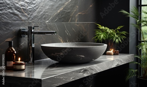 Stylish black marble round vessel sink and black faucet. Minimalist interior design of modern bathroom