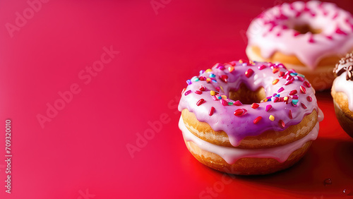 Donuts decorated red, pink icing, sugar sprinkles on bright pink background. Valentine Day concept greeting card. Delicious dessert, pastry and bakery element. Copy space