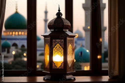 islamic lantern with a blurred mosque in the background for al fitr eidal fitr background of window with mosque,eid mubarak arabic -Ai generator 