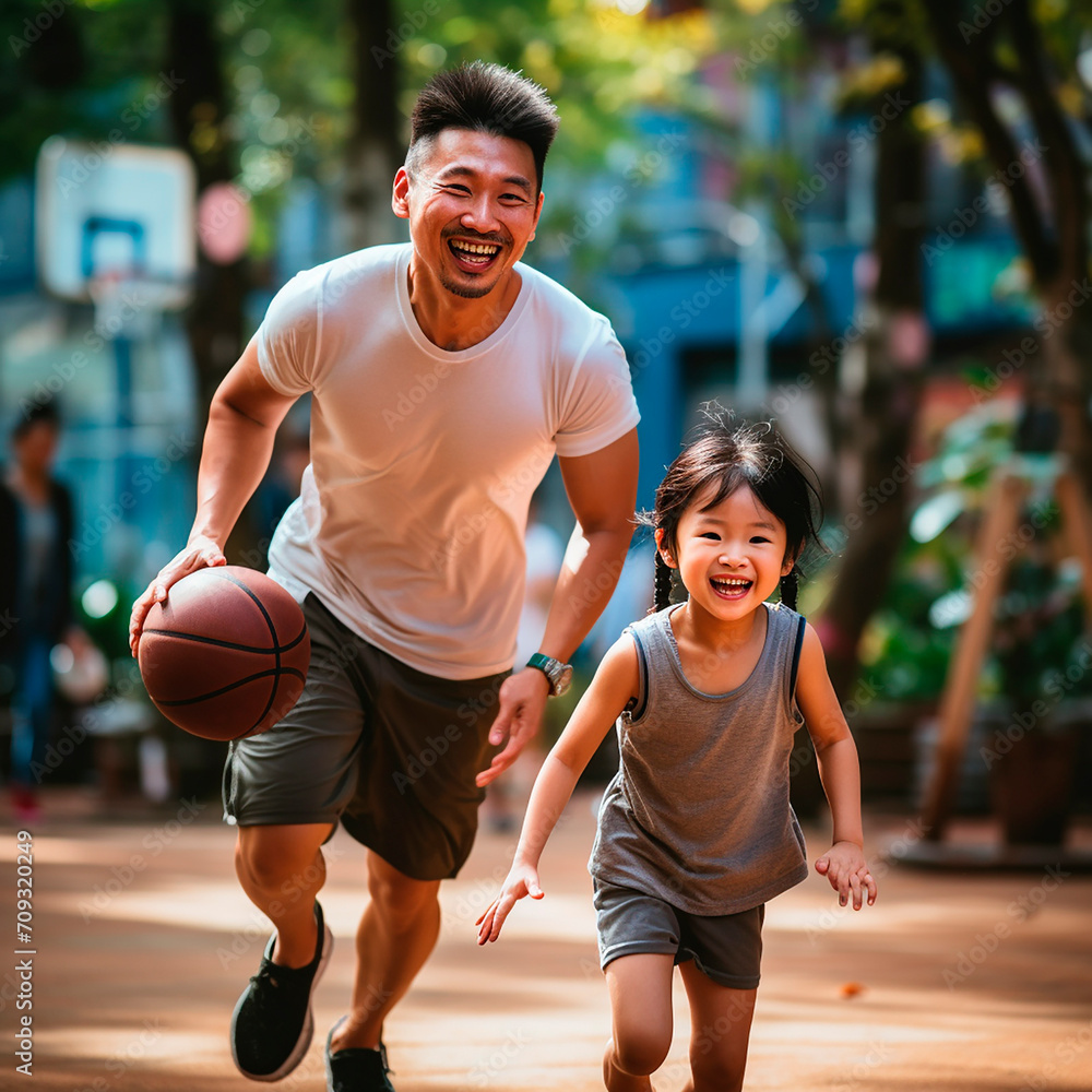 Basketball, family sport. Dad and child play basketball, rejoice and laugh, active lifestyle. 