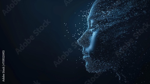 The side profile of a digital human head made of circuitry, against a dark background with binary code, representing AI and machine learning photo