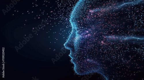 The side profile of a digital human head made of circuitry, against a dark background with binary code, representing AI and machine learning #709320452