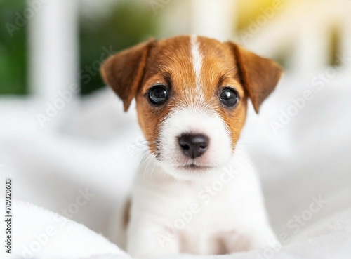 Cute Jack Russell terrier puppy on bed at home, closeup photography