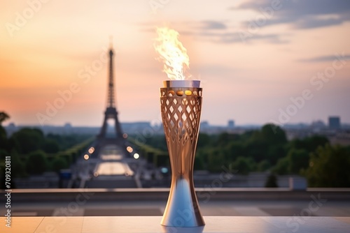 symbol of Olympic Sports games 2024 flame torch on Paris Eiffel tower background photo