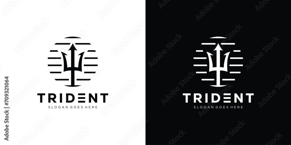 Creative trident Logo. Neptune Trident, Poseidon, Sea Wave, Ocean with Lineart Outline Style. Poseidon Logo Icon Symbol Vector Design Template. - obrazy, fototapety, plakaty 