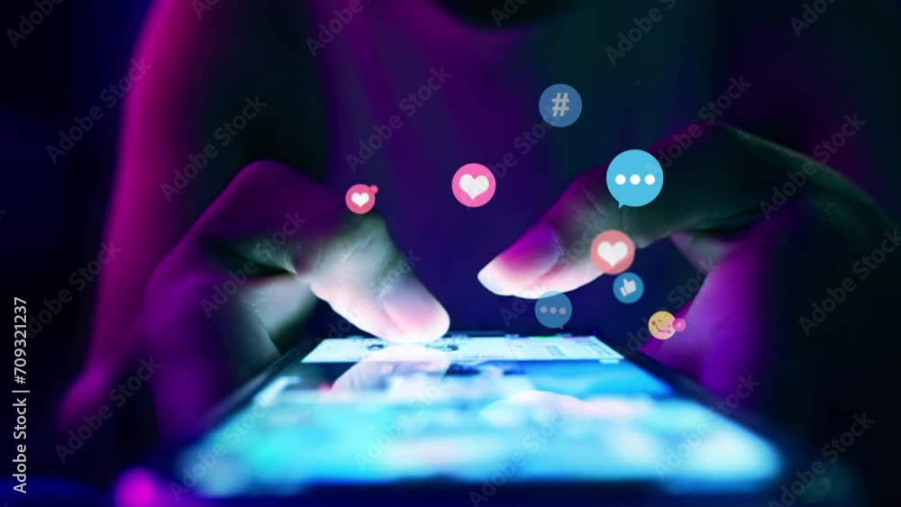 Finger of woman touching scroll page app on mobile phone.In a room with blue and purple neon tones.concept Social media marketing icon application hashtag  message text
