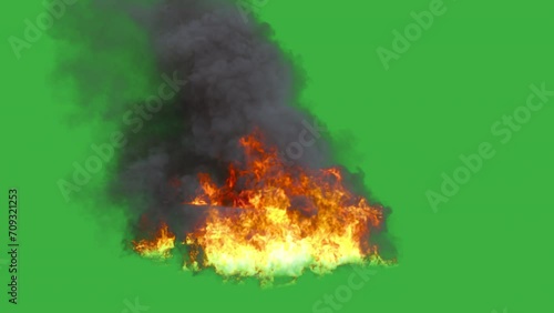 Fire burning on crashed plane on green background
