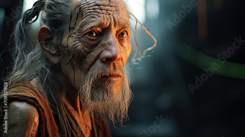 Aged Shaman with Intense Gaze in a Sunlit Forest Clearing photo