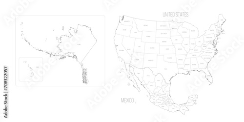 Political map of United States and Mexico with administrative divisions. Thin black outline map with countries and states name labels. Vector illustration