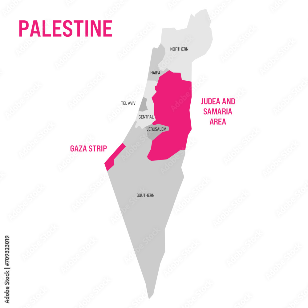 Political map of Palestine highlighted in the map of Israel. Pink