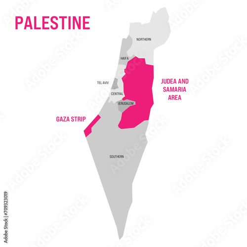 Political map of Palestine highlighted in the map of Israel. Pink colored Gaza Strip and Judea and Samaria Area. Vector Illustration