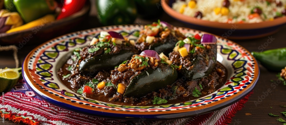 Traditional Mexican dish, Chiles en Nogada, is made with stuffed poblano chili, meat, fruits, and walnut sauce. It is considered the quintessential dish for Mexican national holidays.