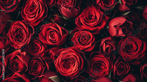 A velvety sea of crimson roses, each spiral a whisper of affection, creates a luxurious symbol of love and desire