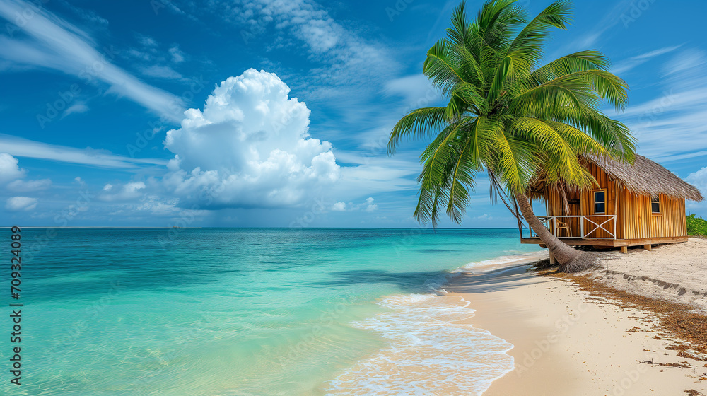Fototapeta premium Tropical bungalow on the amazing beach with a palm tree.