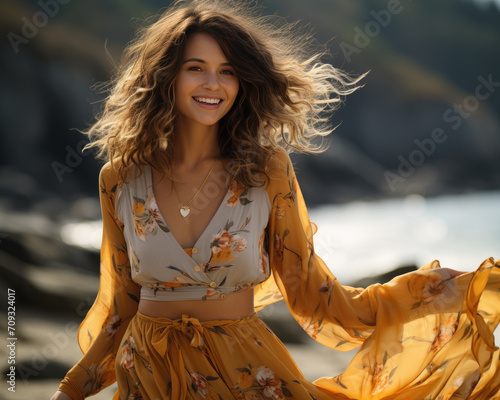Young happy smiling curly woman in summer clothes, wide light maxi skirt and blouse walks dances on a beach
