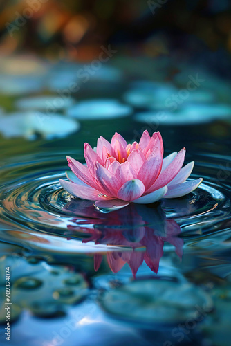 A beautiful lotus flower in the water symbolizes mindfulness, stress relief, and inner peace