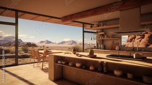 A minimalist desert nomad's kitchen with earthy tones, woven textures, and expansive desert views © MuhammadUmar
