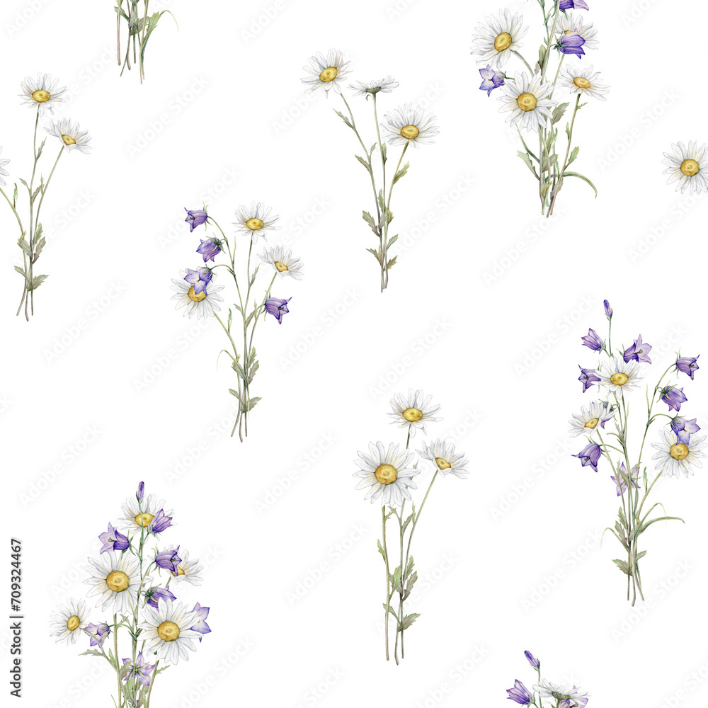 Fototapeta premium Seamless pattern Watercolor Daisy and bluebell. Hand drawn illustration of Chamomile and little violet bell. bouquet of white blossom flowers on isolated background. Drawing botanical paint wildflower