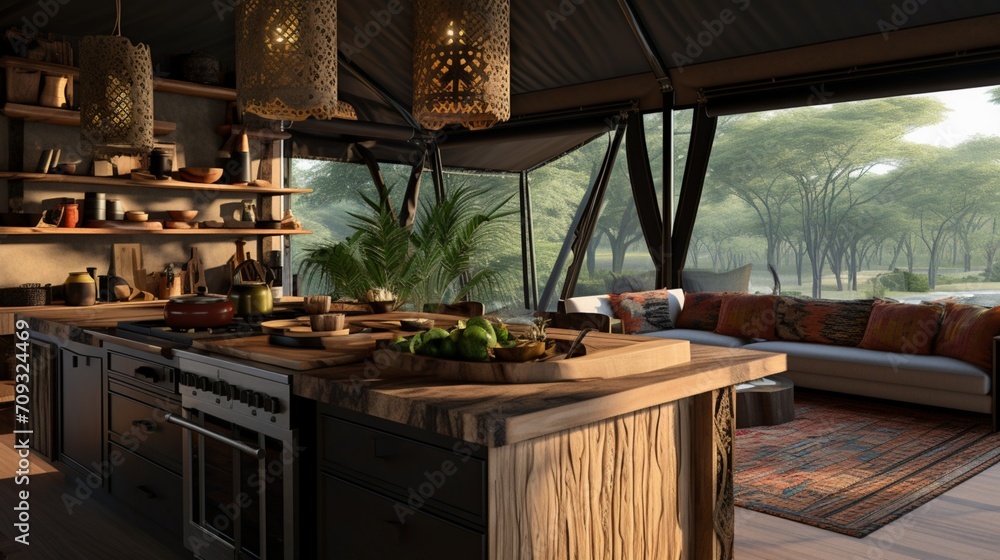 A modern African safari tent kitchen with tribal prints, safari-inspired decor, and views of the savannah A modern African safari tent kitchen with tribal prints, safari-inspired decor, and views of the savannah