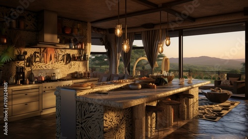 A modern African safari lodge kitchen with animal prints  tribal patterns  and views of the savannah