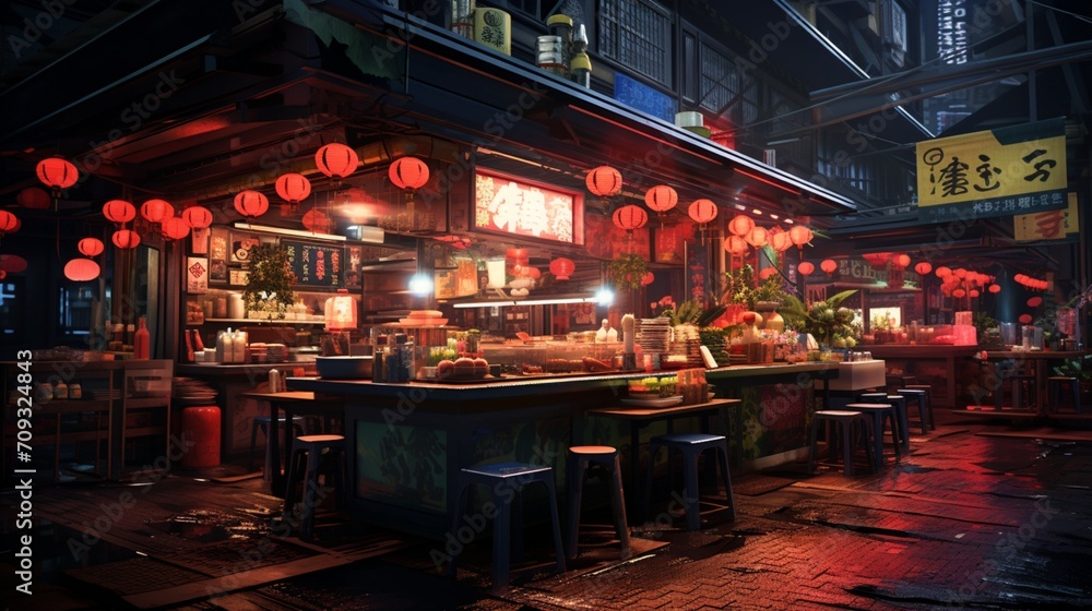 A modern Asian street food market kitchen with bustling stalls, vibrant colors, and an eclectic mix of flavors