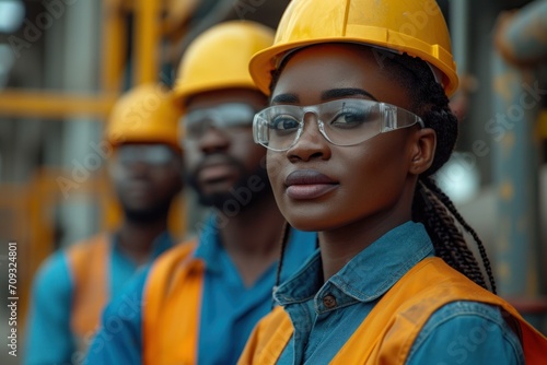 Confident industrial team of engineers and workers in hard hats discussing construction plans at a factory.