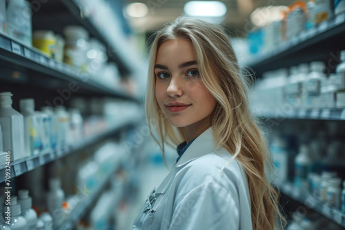 Stylish young pharmacist in a white coat providing medical services professionally and attentively.