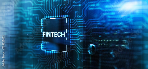 Fintech financial technology concept on 3d Electronic Circuit Board Chip