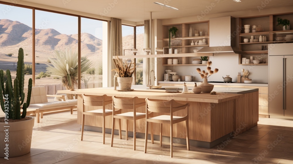 A modern desert oasis kitchen with sandy tones, cactus decor, and a touch of luxury