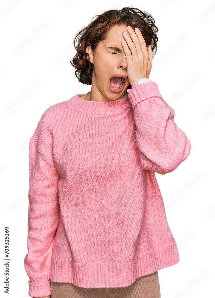 Young hispanic woman wearing casual clothes yawning tired covering half face, eye and mouth with hand. face hurts in pain. Young hispanic woman wearing casual clothes yawning tired covering half face, eye and mouth with hand. face hurts in pain.