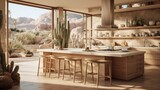 A modern desert oasis kitchen with sandy tones, cactus decor, and a touch of luxury