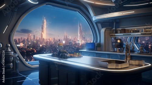A modern celestial city kitchen with skyscraper-inspired decor  starlit cityscape views  and futuristic lighting