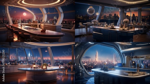 A modern celestial city kitchen with skyscraper-inspired decor, starlit cityscape views, and futuristic lighting