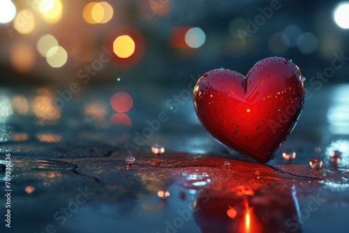 Valentine's Day card with red heart on bokeh background.