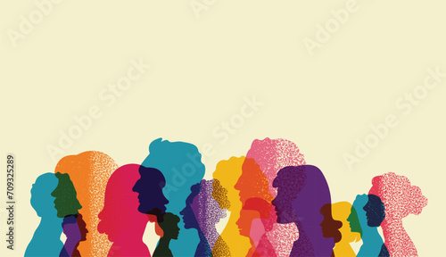 Different people stand side by side together. Group colored silhouette people from the side. Men and women portraits. Community of colleagues or collaborators, inclusive education, co-workers.