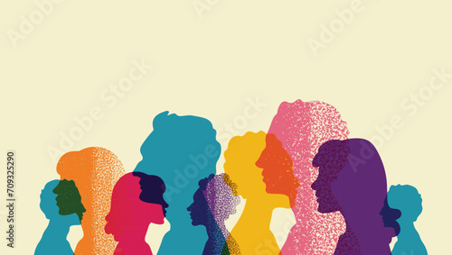 Different people stand side by side together. Group colored silhouette people from the side. Men and women portraits. Community of colleagues or collaborators, inclusive education, co-workers.