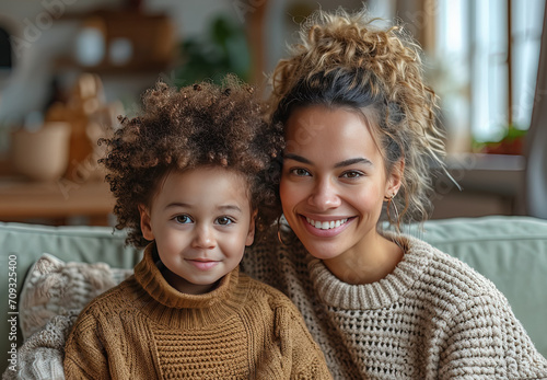 mujer afroamericana junto a su hijo pequeño posando sonrientes sentados en el sofá del salón de su casa, sobre fondo desenfocado de estancia y gran ventanal photo