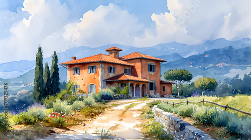 beautiful house on the hill with blue sky watercolor painting